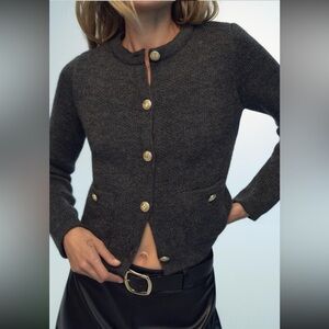 ZARA GOLDEN BUTTON KNIT CARDIGAN Gray Tweed Jacket bloggers favorite